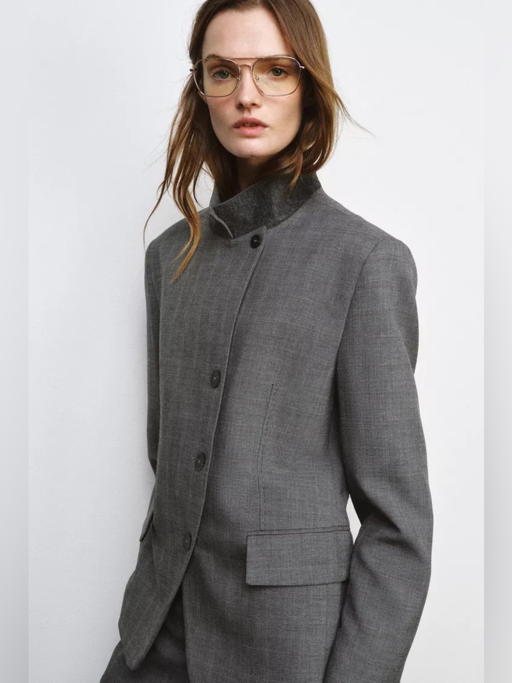 Zara Grey Stand-Collar Tailored Blazer. POP